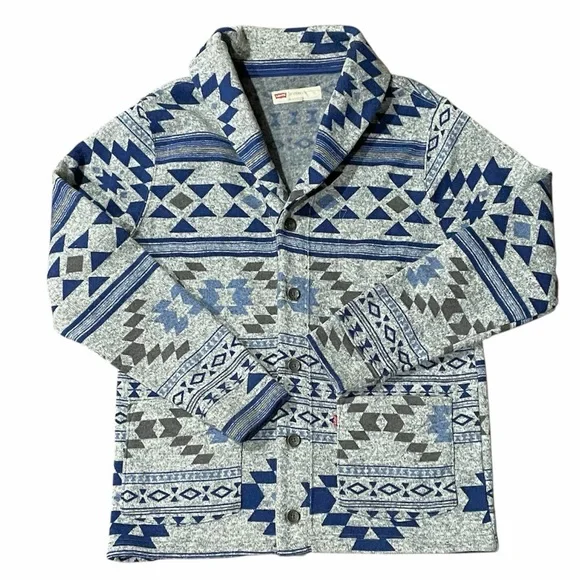 Levi's Fleece Cardigan Shawl Neck Southwest Aztec Geometric Jacket M Grey Blue - Picture 2 of 10